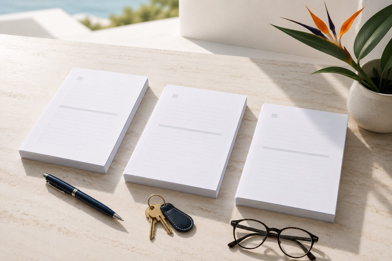 Drie documentmappen naast elkaar op een bureau